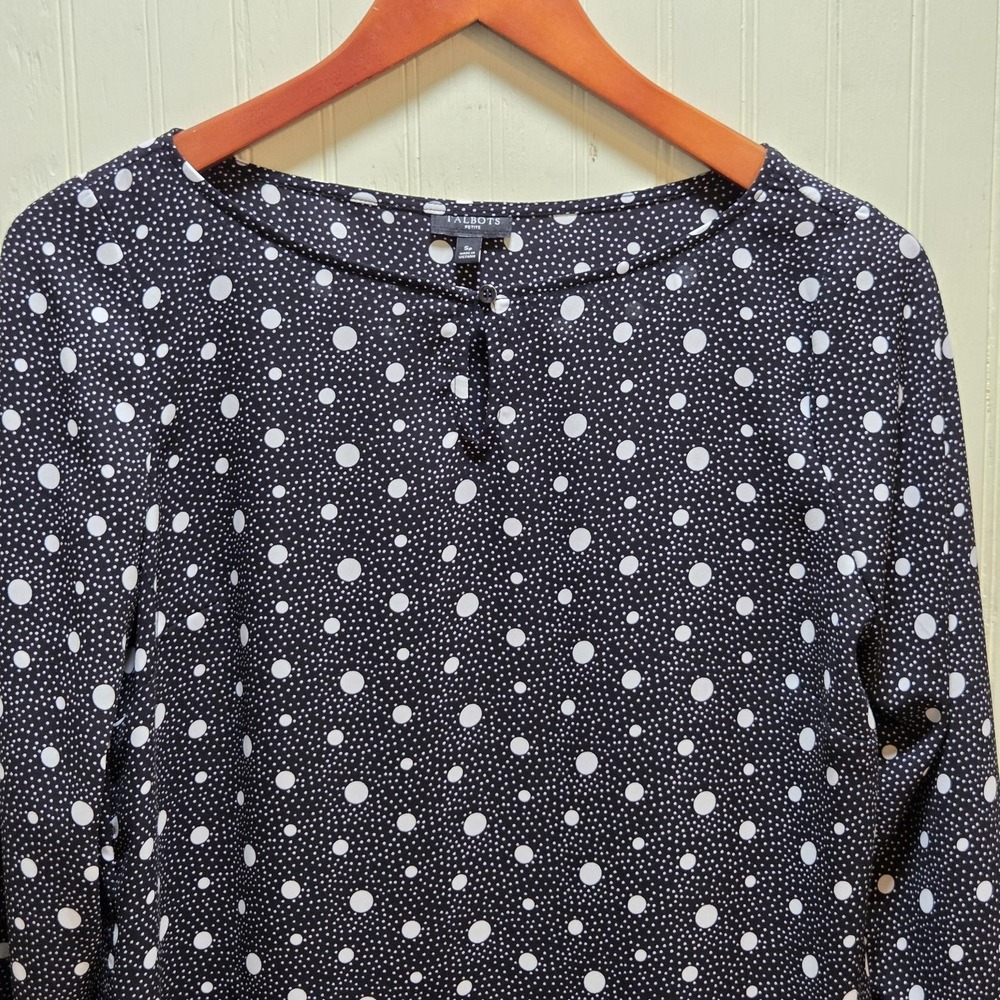 Talbots Shirt Womens‎ Petite Small Black White Polka Dot 3/4 Sleeve Tie Cuff Top